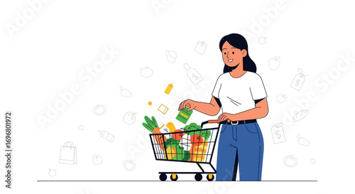 Woman Grocery Shopping with a Full Cart of Fresh Produce and Groceries