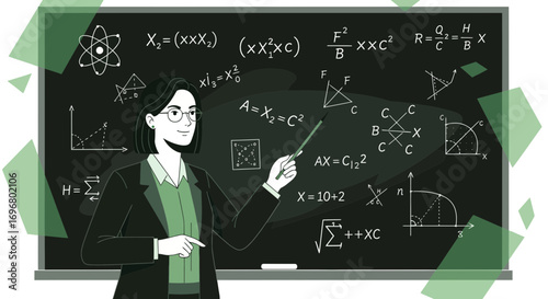 Teacher Explaining Mathematical Equations On Blackboard, Visual Communication Of Science
