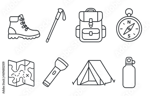 Camping essentials: backpack, compass, tent, hiking gear, map icons for outdoor adventure