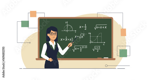 Teacher Explaining Mathematical Formulas On Blackboard Representing Education Concept
