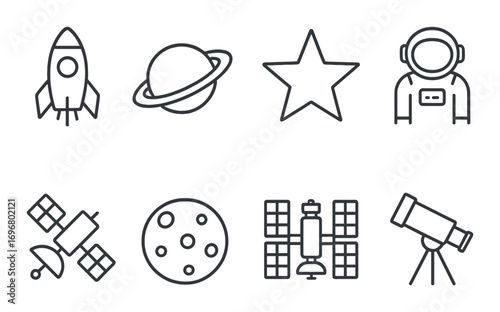 Space exploration icons: rocket, planet, star, astronaut, telescope, satellites, moon