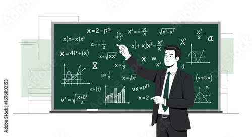 Teacher Explains Mathematics Equations And Formulas On Green Chalkboard In Classroom