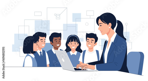 Teacher Interacting And Guiding Students With a Laptop, Collaboration and Education Scheme