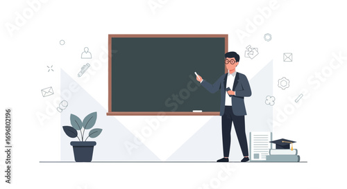 Teacher In Class, Presenting Lessons On The Blackboard, Modern Education Design