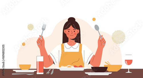 Woman Holding Utensils and Preparing to Enjoy a Nutritious and Delicious Meal