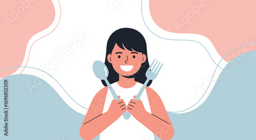 Woman Holding Spoon And Fork With Abstract Elements In A Cheerful Illustration