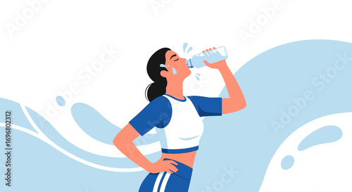 Woman Hydrating After Exercise, Illustration Of Wellbeing And Refreshment With Water Bottle