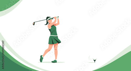 Woman In Green Apparel About To Swing Golf Club On Light Green And White Background