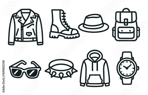 Stylish accessories and apparel icons: jacket, boots, hat, backpack, sunglasses, choker, hoodie, watch
