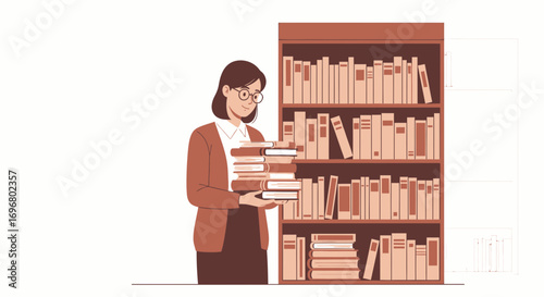 Woman in Glasses Holding Books Near A Bookshelf In A Minimalist Style