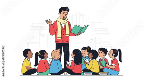 Teacher Reading Aloud Stories to A Group Of Cheerful Children Surrounded By Books