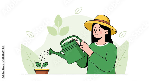 Woman In Hat Waters Young Plant With A Green Watering Can For Cultivation