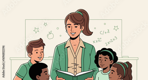 Teacher Reading Story To Young Students In Classroom Environment Full Illustration