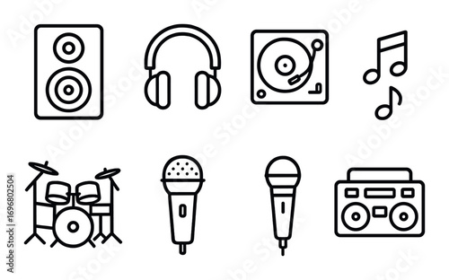 Music icons: speaker, headphones, turntable, notes, drums, microphones, boombox