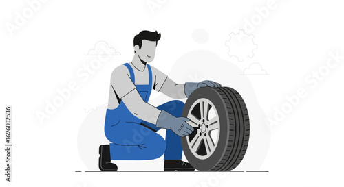 Technician Checking Tire and Wheel, Automotive Service and Vehicle Maintenance Concept Illustrated