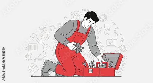 Technician Examining Components and Repairing Devices with Toolbox and Tools at Work