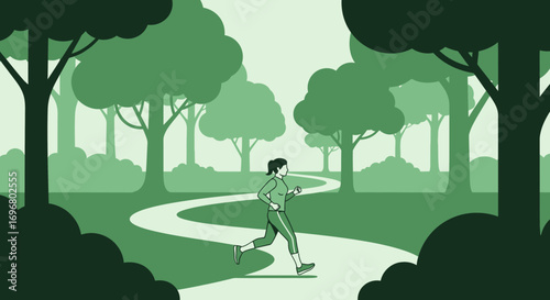 Woman Jogging Along Winding Path Through Lush Green Forest Nature Scene