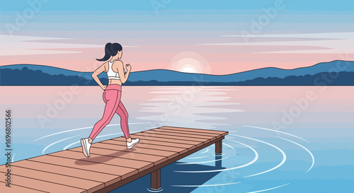 Woman Jogging During A Scenic Sunset On A Wooden Pier Over Calm Waters Successfully
