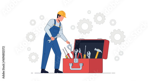 Technician Selecting Tool From Toolbox With Gear Icons Background Illustration