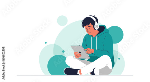 Teenager Relaxing While Listening Music And Using a Tablet Online at Home Leisure