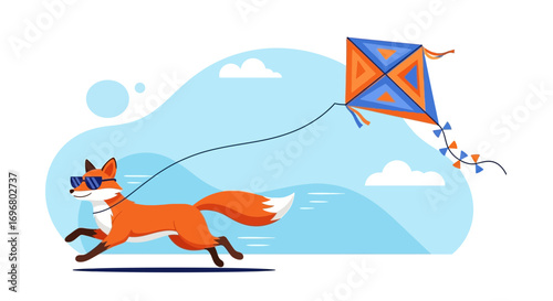 The Animated Fox Enjoying A Sunny Day While Flying A Colorful Kite In The Breeze