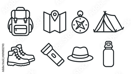 Outdoor adventure icons: backpack, map, compass, tent, boots, flashlight, hat, water bottle