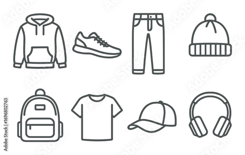 Outline icons of clothing and accessories on a brown gradient background