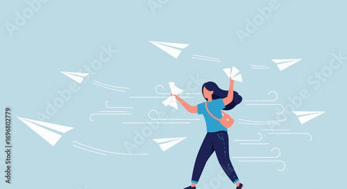 Woman Launching Paper Airplanes Into The Open Sky Symbolizing Dreams And Imagination