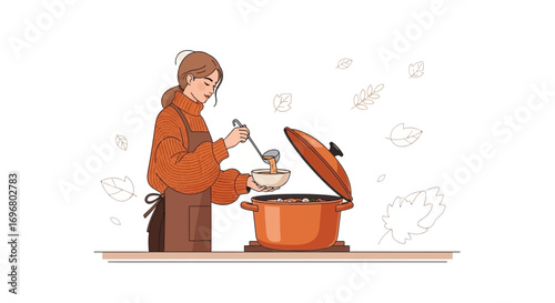 Woman Ladles Soup From A Pot, Preparing Food In The Kitchen Illustration