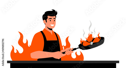 The Enthusiastic Chef Cooking Delicious Grilled Food With Flames And Intense Heat.