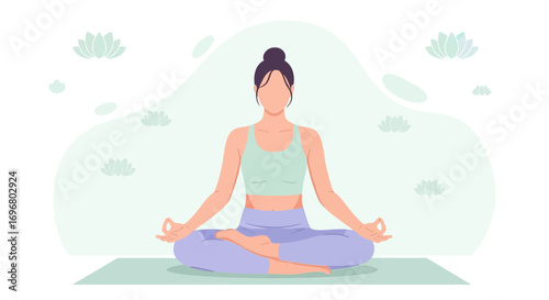 Woman Meditating In Lotus Position With Gentle Background And Tranquil Atmosphere