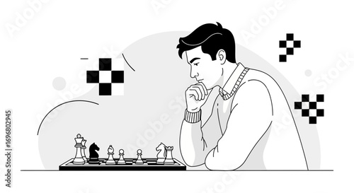 Thoughtful Chess Player Contemplating Next Move Board Game Strategy, Focused Mindset Concept