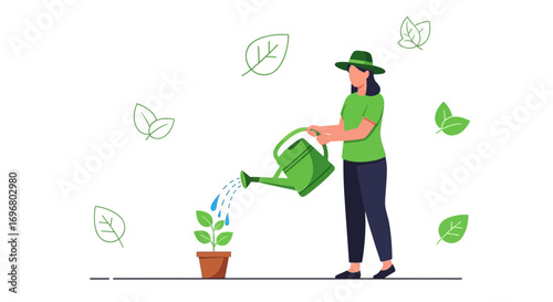 Woman Nurturing Plant Life With Water, In A Simple Illustration Of Green and Brown Tones