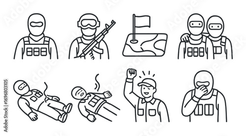 Illustrated military characters in various poses and actions