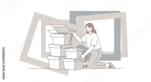Woman Organizing Cartons And Packages, New Apartment And Home Relocation With Boxes
