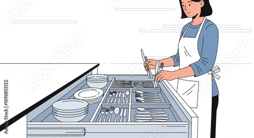 Woman Organizes Utensils And Dinnerware Inside Kitchen Drawer, Perfect For Home Essentials