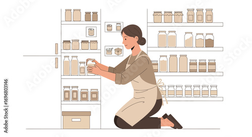 Woman Organizing Pantry Shelves With Glass Jars Filled With Preserved Goods And Foodstuffs