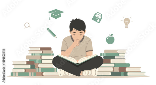 Thoughtful Student Immersed In Reading With Books Illustrating Education and Learning
