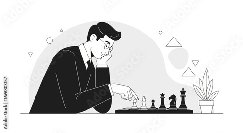 Thoughtful Strategist Concentrating on the Chessboard Pieces for the Next Move Decision