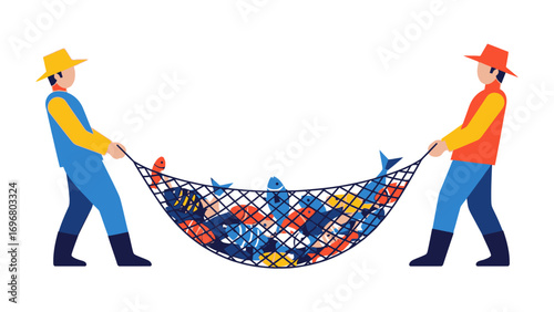 Fishermen's Bounty: Two dedicated fishermen pull a fishing net brimming with various kinds of fish, illustrating a successful catch and the essence of coastal living.