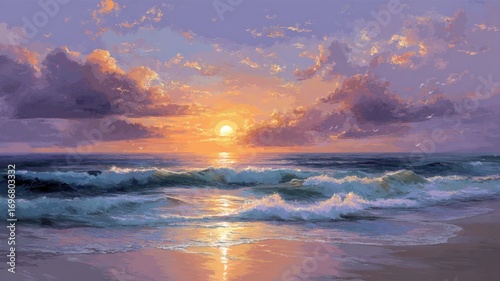 Vibrant ocean sunset with dramatic clouds. AI image