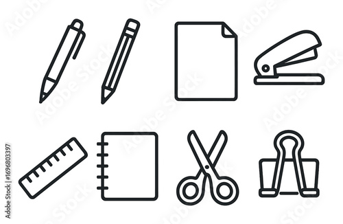 Black and gray outline stationery icons on dark background