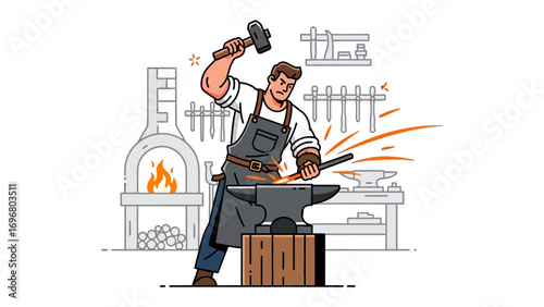The Blacksmith at Work: A skilled blacksmith in a traditional workshop expertly crafts metal with precision and power, his focus evident as he works near a burning fire. 