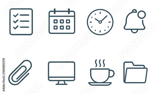 Office productivity icons: checklist, calendar, clock, notification bell, clip, monitor, coffee, folder