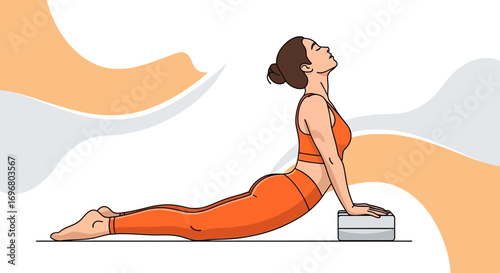 Woman Performing Cobra Pose In Bright Active Wear Against Abstract Background