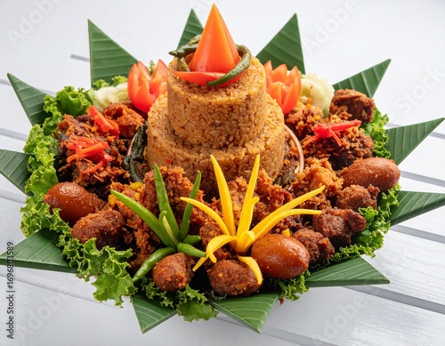 Traditional Indonesian Rice Tumpeng with many topping like egg, vegetables, tempeh, chicken, chili, sambal, cucumber, noddle, yellow rice and make mountain shape in the middle with banana leaf as base