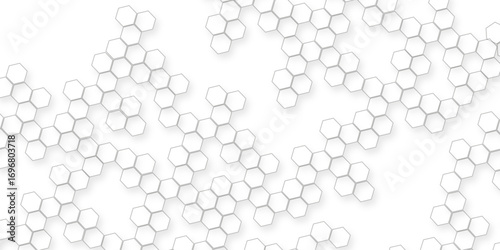 White hexagon abstract background, seamless geometric honeycomb pattern, clean minimal futuristic surface, 3D texture design for technology, corporate, digital, presentation, website, wallpaper.	