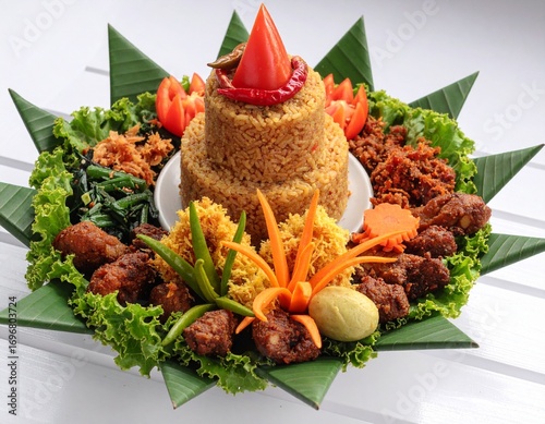Traditional Indonesian Rice Tumpeng with many topping like egg, vegetables, tempeh, chicken, chili, sambal, cucumber, noddle, yellow rice and make mountain shape in the middle with banana leaf as base
