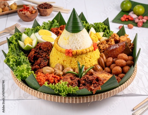 Traditional Indonesian Rice Tumpeng with many topping like egg, vegetables, tempeh, chicken, chili, sambal, cucumber, noddle, yellow rice and make mountain shape in the middle with banana leaf as base