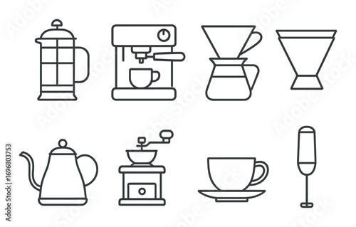 Minimalist coffee brewing equipment icons: french press, espresso machine, pour over